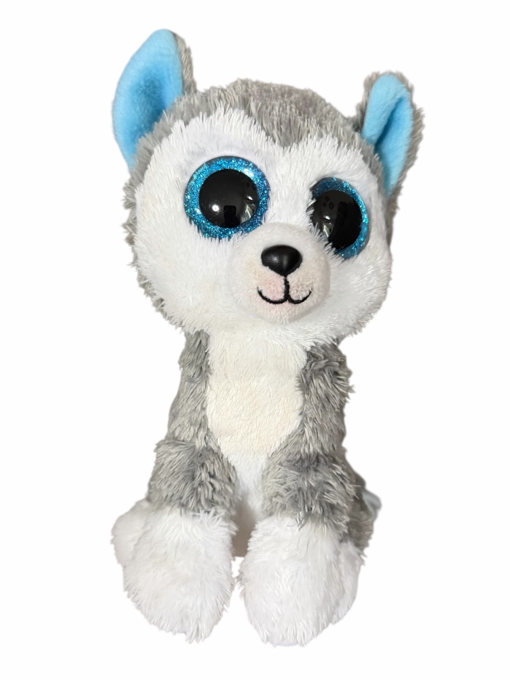 TY Slush Gray & White Plush Husky with Blue Glitter Eyes